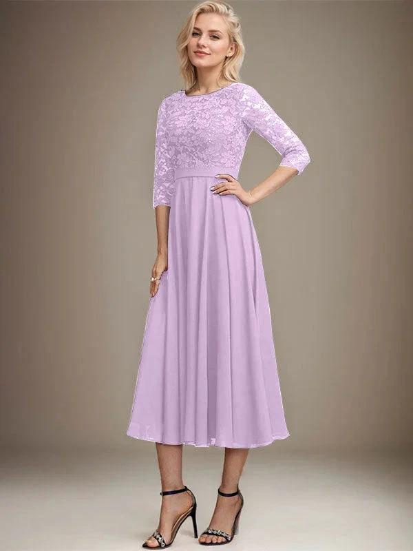A-line Scoop Tea-Length Lace Chiffon Mother of the Bride Dress With Sequins by Dreamylily