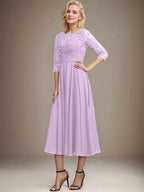A-line Scoop Tea-Length Lace Chiffon Mother of the Bride Dress With Sequins by Dreamylily