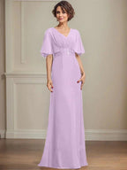 A-line V-Neck Floor-Length Chiffon Mother of the Bride Dress With Pleated Sequins Appliques Lace by Dreamylily