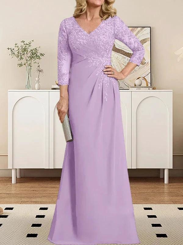 Sheath/Column V-Neck Illusion Floor-Length Lace Chiffon Mother of the Bride Dress With Pleated Sequins by Dreamylily