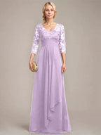 A-line V-Neck Floor-Length Lace Chiffon Mother of the Bride Dress With Cascading Ruffles Sequins by Dreamylily