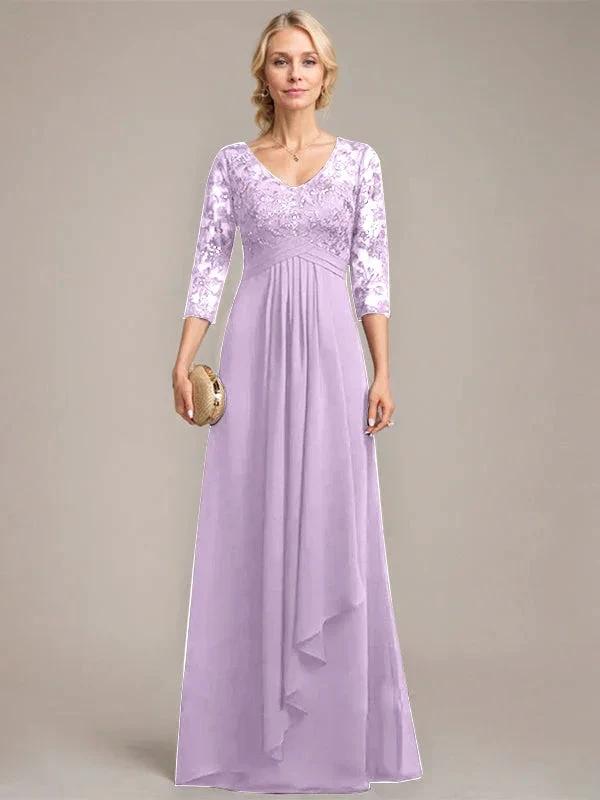 A-line V-Neck Floor-Length Lace Chiffon Mother of the Bride Dress With Cascading Ruffles Sequins by Dreamylily