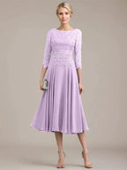 A-line Scoop Tea-Length Lace Chiffon Mother of the Bride Dress by Dreamylily