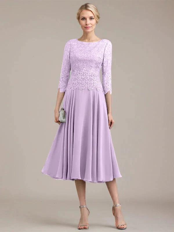 A-line Scoop Tea-Length Lace Chiffon Mother of the Bride Dress by Dreamylily