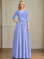 A-line Scoop Illusion Floor-Length Satin Lace Mother of the Bride Dress With Sequins Bow by Dreamylily