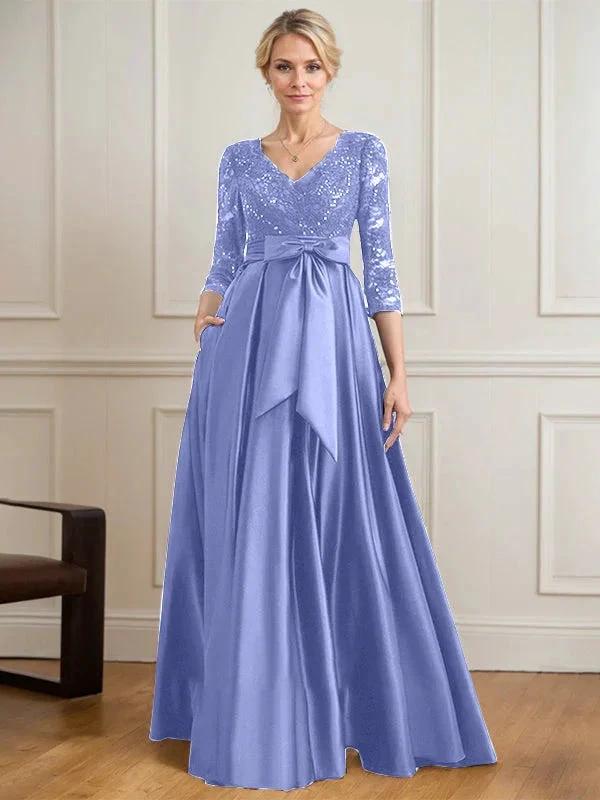 A-line V-Neck Floor-Length Satin Lace Mother of the Bride Dress With Sequins Bow by Dreamylily