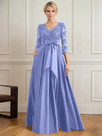 A-line V-Neck Floor-Length Satin Lace Mother of the Bride Dress With Sequins Bow by Dreamylily