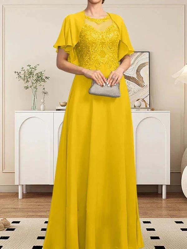 A-line Scoop Illusion Floor-Length Lace Chiffon Mother of the Bride Dress With Sequins by Dreamylily