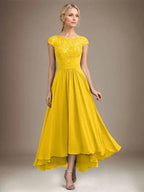 A-line Scoop Illusion Asymmetrical Lace Chiffon Mother of the Bride Dress With Pleated by Dreamylily