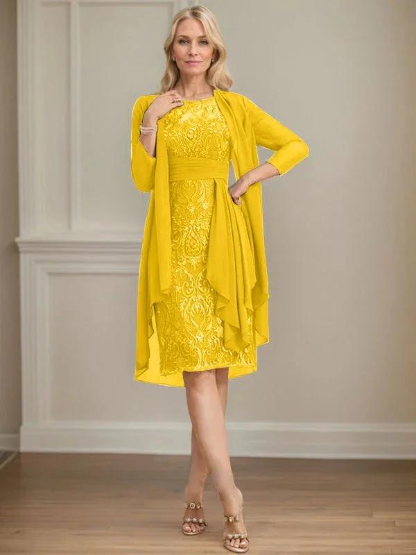 Sheath/Column Scoop Illusion Knee-Length Lace Chiffon Mother of the Bride Dress With Cascading Ruffles Sequins by Dreamylily