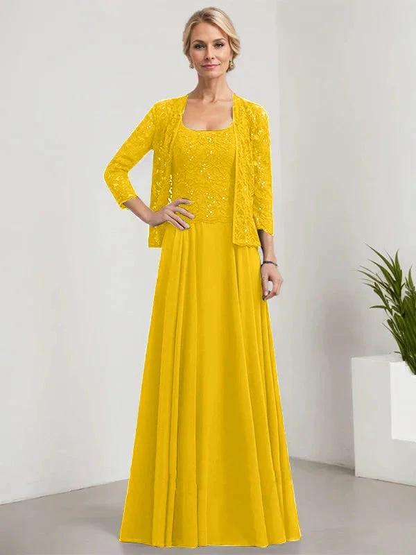 A-line Square Floor-Length Lace Chiffon Mother of the Bride Dress With Sequins by Dreamylily
