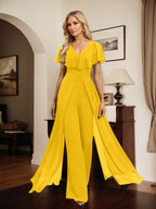 Jumpsuit/Pantsuit V-Neck Floor-Length Chiffon Evening Dress