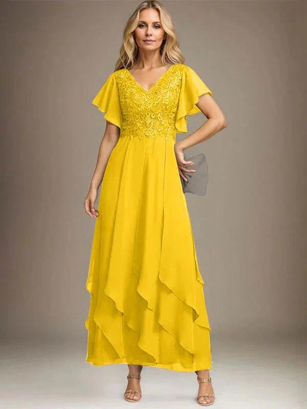 A-line V-Neck Ankle-Length Lace Chiffon Mother of the Bride Dress With Cascading Ruffles by Dreamylily