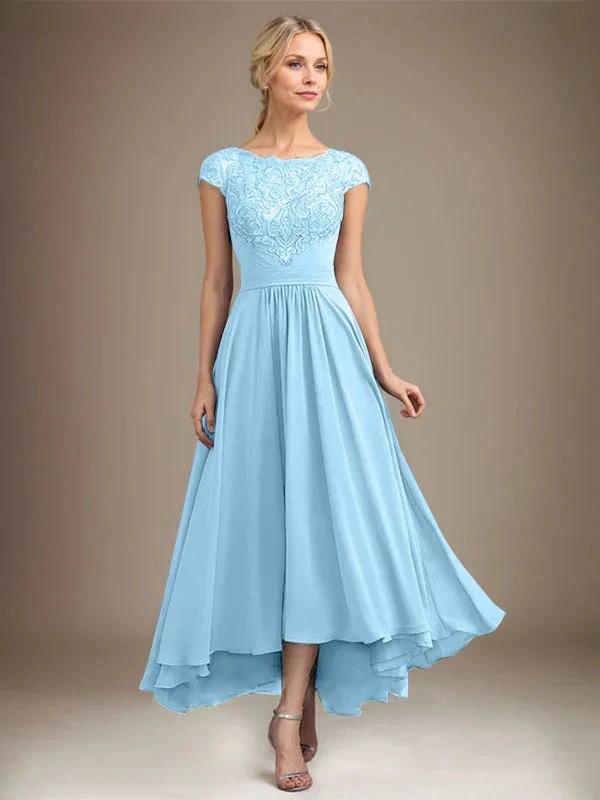 A-line Scoop Illusion Asymmetrical Lace Chiffon Mother of the Bride Dress With Pleated by Dreamylily