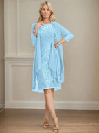 Sheath/Column Scoop Illusion Knee-Length Lace Chiffon Mother of the Bride Dress With Cascading Ruffles Sequins by Dreamylily