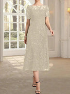 A-line Scoop Illusion Tea-Length Lace Mother of the Bride Dress With Sequins by Dreamylily