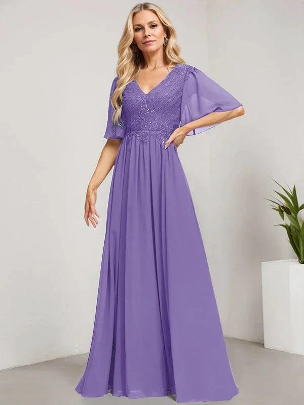A-line V-Neck Floor-Length Lace Chiffon Mother of the Bride Dress With Sequins by Dreamylily