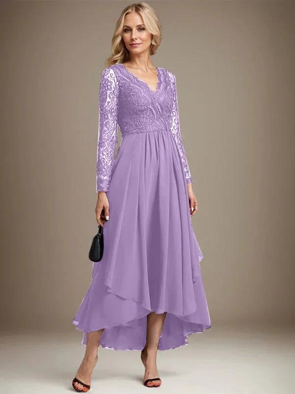 A-line V-Neck Asymmetrical Lace Chiffon Mother of the Bride Dress by Dreamylily