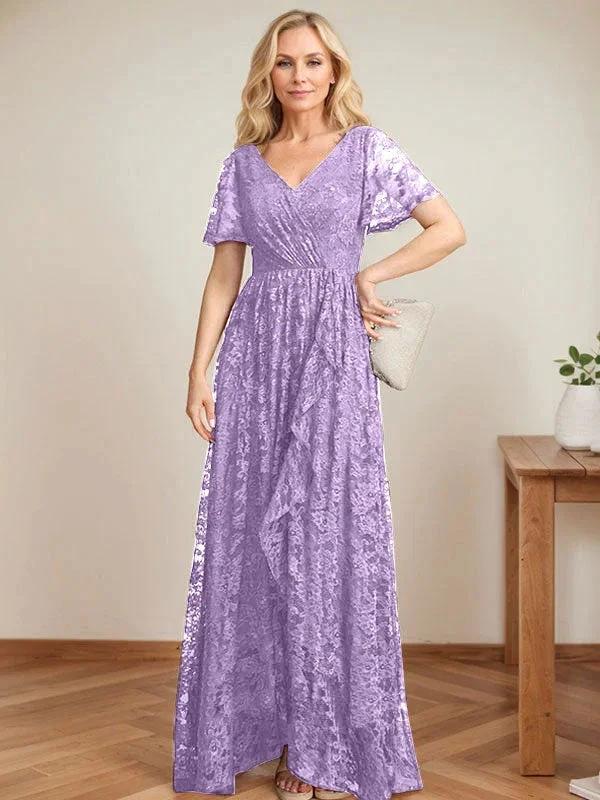 A-Line V-Neck Asymmetrical Lace Mother of the Bride Dress With Cascading Ruffles by Dreamylily