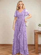 A-Line V-Neck Asymmetrical Lace Mother of the Bride Dress With Cascading Ruffles by Dreamylily
