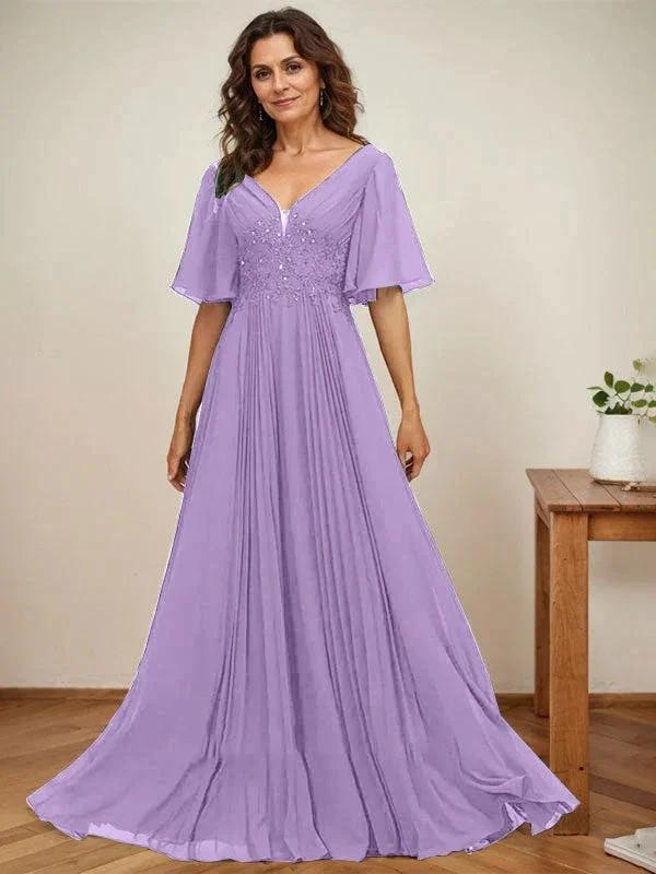 A-line V-Neck Floor-Length Chiffon Mother of the Bride Dress With Sequins Appliques Lace Pleated by Dreamylily