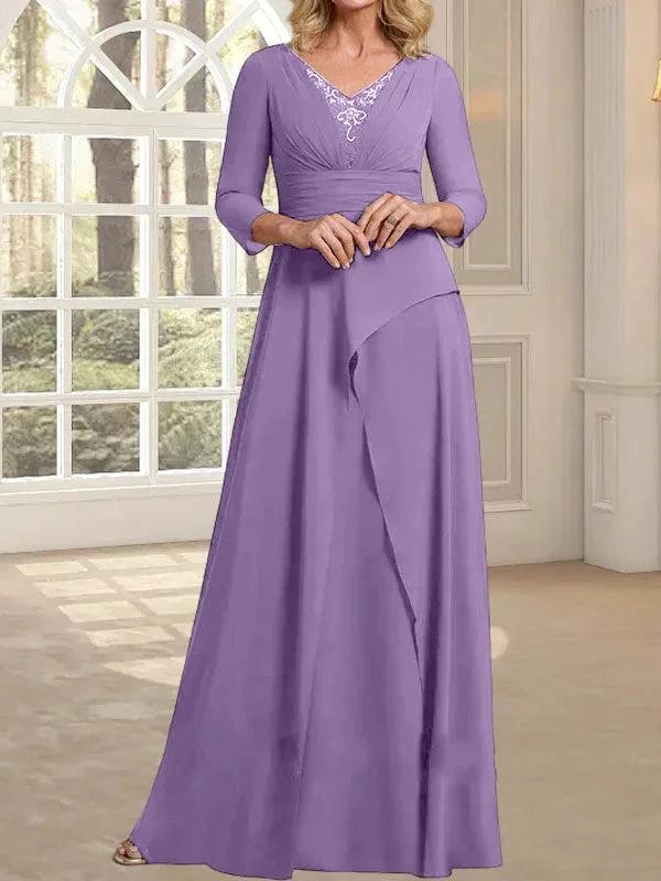 A-line V-Neck Floor-Length Chiffon Mother of the Bride Dress With Pleated Beading by Dreamylily