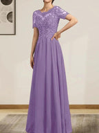 A-line Scoop Illusion Floor-Length Chiffon Lace Mother of the Bride Dress With Sequins Beading by Dreamylily