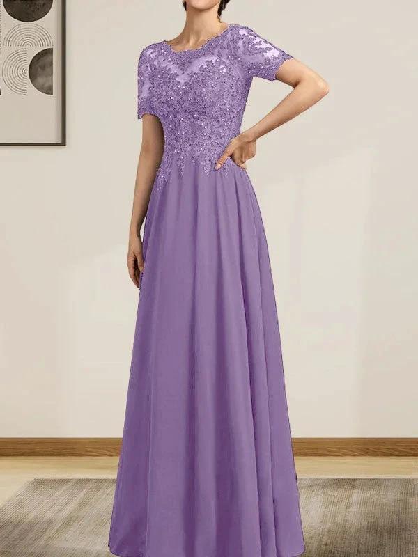 A-line Scoop Illusion Floor-Length Chiffon Lace Mother of the Bride Dress With Sequins Beading by Dreamylily