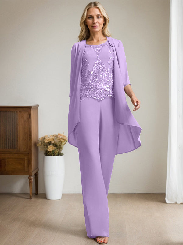 Separates Jumpsuit/Pantsuit Scoop Floor-Length Chiffon Lace Mother of the Bride Dress With Beading Sequins