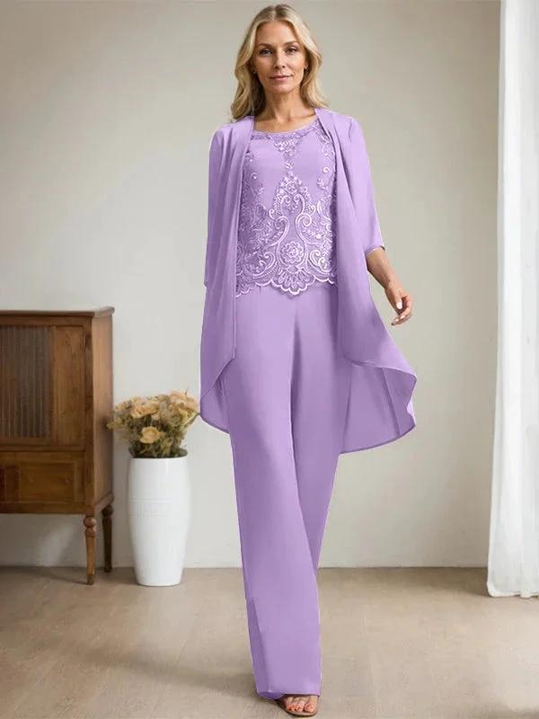 Separates Jumpsuit/Pantsuit Scoop Floor-Length Chiffon Lace Mother of the Bride Dress With Beading Sequins by Dreamylily