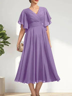 A-line V-Neck Tea-Length Chiffon Mother of the Bride Dress With Pleated Beading by Dreamylily