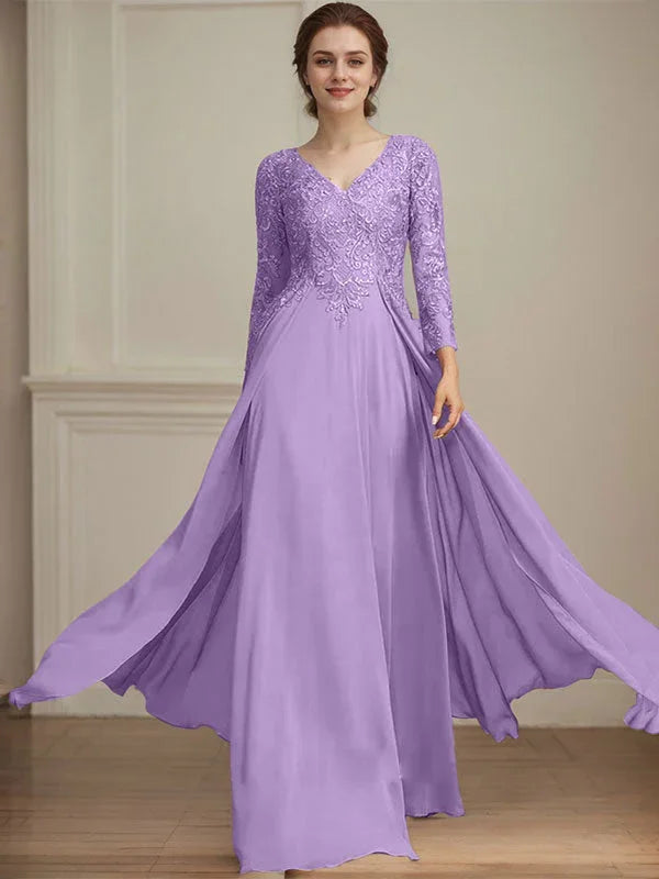A-line V-Neck Floor-Length Lace Chiffon Mother of the Bride Dress With Sequins by Dreamylily
