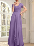 A-line Sweetheart Floor-Length Chiffon Lace Mother of the Bride Dress With Beading Cascading Ruffles by Dreamylily