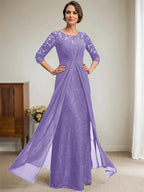 A-Line Scoop Illusion Floor-Length Lace Chiffon Mother Of the Bride Dress With Beading Ruffles by Dreamylily