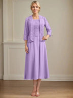 A-line Scoop Tea-Length Lace Chiffon Mother of the Bride Dress by Dreamylily