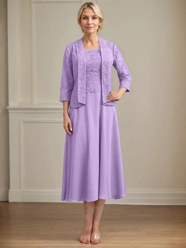 A-line Scoop Tea-Length Lace Chiffon Mother of the Bride Dress by Dreamylily