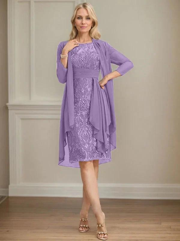 Sheath/Column Scoop Illusion Knee-Length Lace Chiffon Mother of the Bride Dress With Cascading Ruffles Sequins by Dreamylily