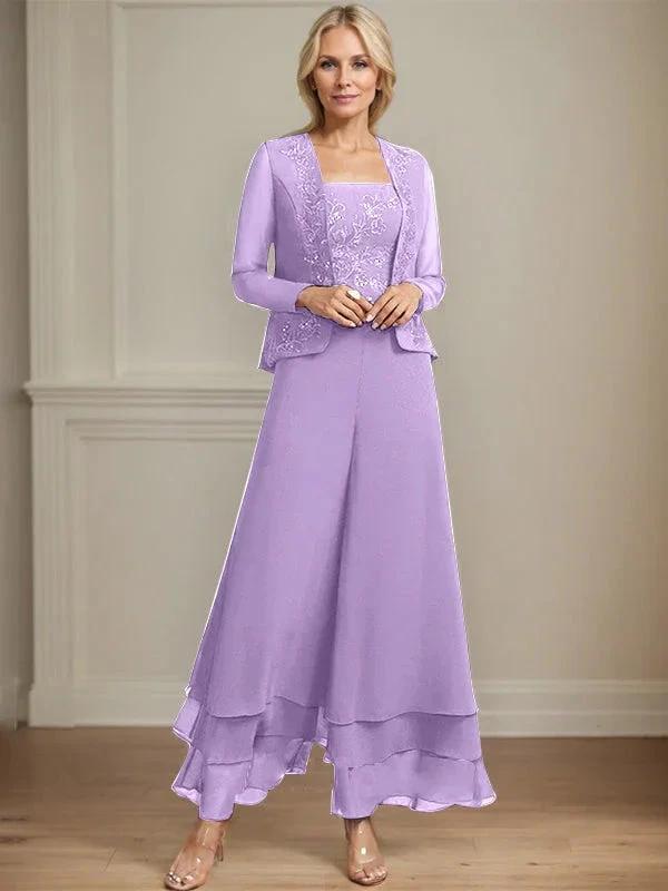 Separates Jumpsuit/Pantsuit Square Ankle-Length Lace Chiffon Mother of the Bride Dress With Sequins by Dreamylily