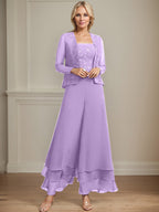 Separates Jumpsuit/Pantsuit Square Ankle-Length Lace Chiffon Mother of the Bride Dress With Sequins