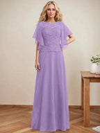 A-line Scoop Illusion Floor-Length Lace Chiffon Mother of the Bride Dress With Sequins by Dreamylily