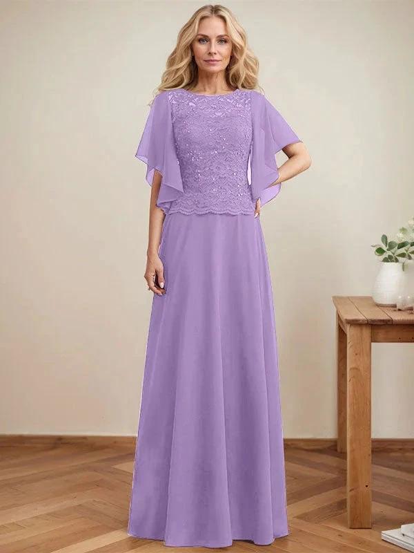 A-line Scoop Illusion Floor-Length Lace Chiffon Mother of the Bride Dress With Sequins by Dreamylily