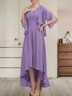 A-line V-Neck Asymmetrical Chiffon Mother of the Bride Dress With Beading Sequins by Dreamylily