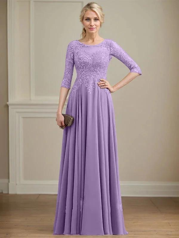 A-line Scoop Illusion Floor-Length Lace Chiffon Mother of the Bride Dress With Sequins by Dreamylily