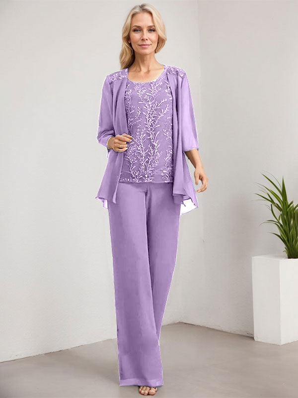 Separates Jumpsuit/Pantsuit Scoop Floor-Length Lace Chiffon Mother of the Bride Dress With Sequins
