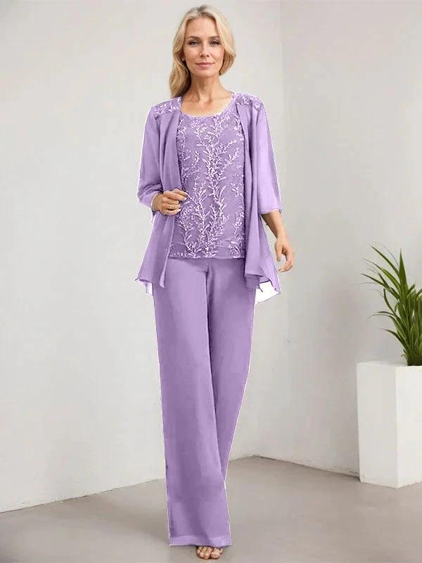Separates Jumpsuit/Pantsuit Scoop Floor-Length Lace Chiffon Mother of the Bride Dress With Sequins by Dreamylily