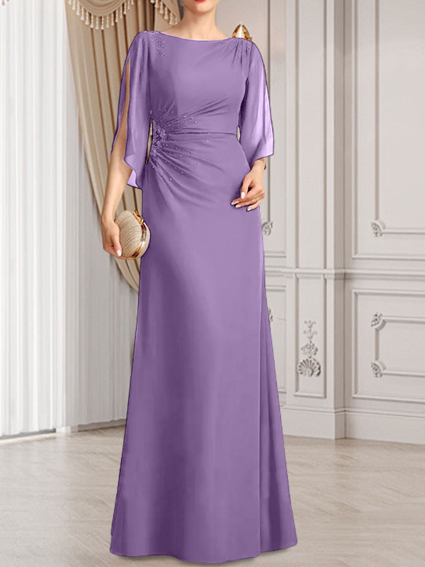 Etui-Linie/Säule U-Ausschnitt Bodenlang Chiffon Kleid für die Brautmutter mit Plissee Perlenbesatz