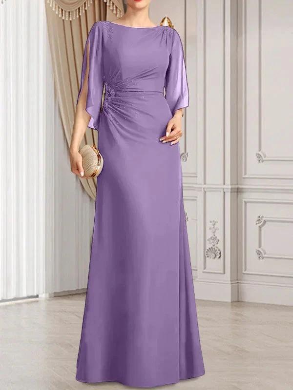 Sheath/Column Scoop Floor-Length Chiffon Mother of the Bride Dress With Pleated Beading by Dreamylily