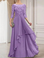 A-line Scoop Illusion Floor-Length Lace Chiffon Mother of the Bride Dress With Cascading Ruffles by Dreamylily