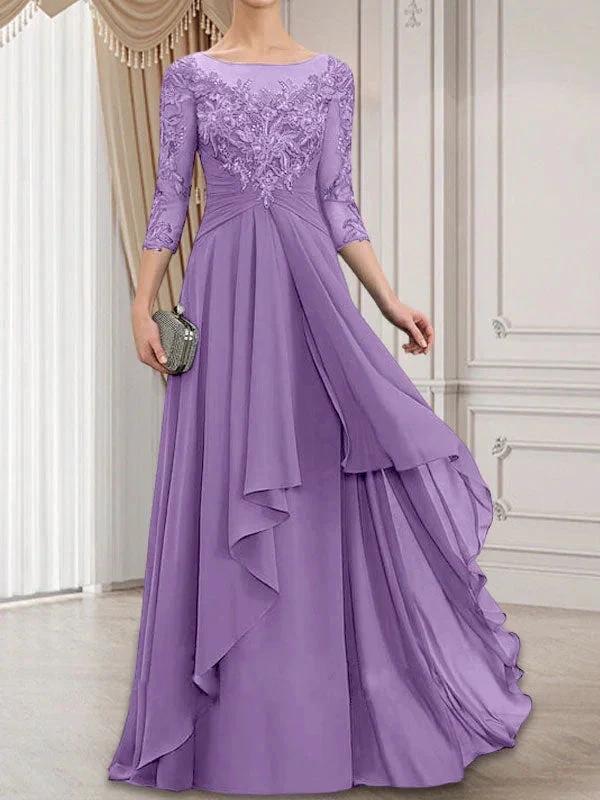 A-line Scoop Illusion Floor-Length Lace Chiffon Mother of the Bride Dress With Cascading Ruffles by Dreamylily