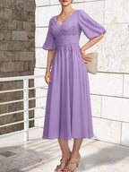 A-line V-Neck Tea-Length Lace Chiffon Mother of the Bride Dress With Pleated by Dreamylily